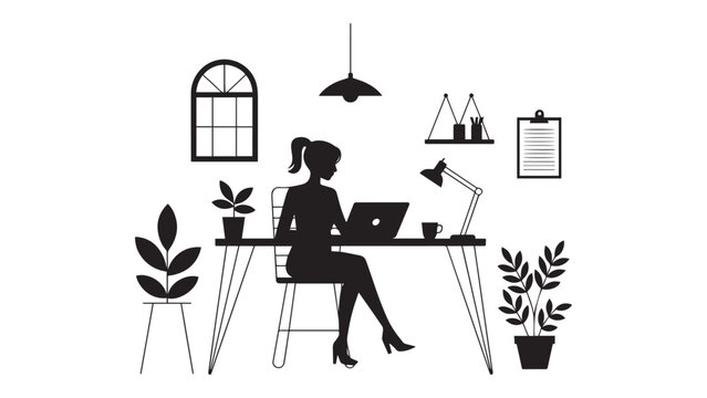 Female freelance designer working on a laptop computer at a cozy home office desk setup