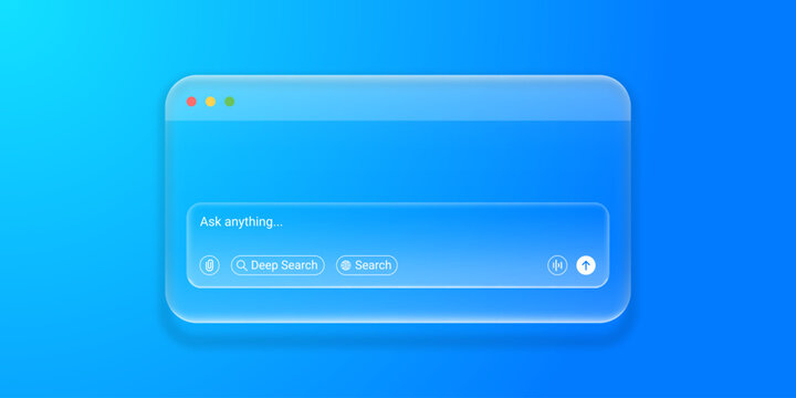 3D liquid glass morphism search bar with modern UI element for website or app. Transparent input field glass frame for AI chatbot query with deep research and voice recognition icon.