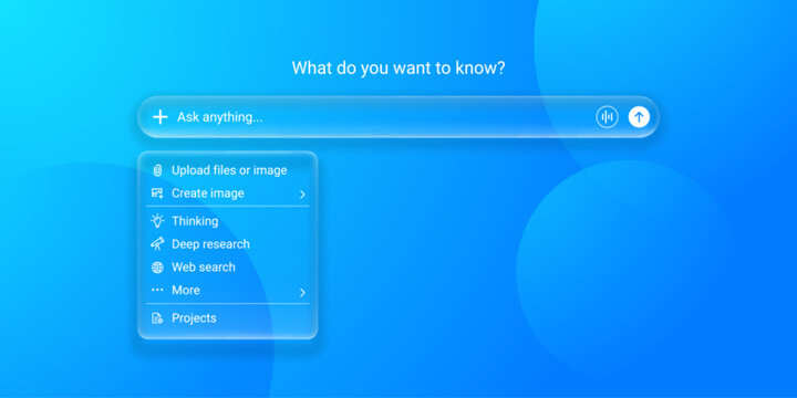 3D liquid glass morphism search bar. Transparent input field glass frame for artificial intelligence chatbot query with upload, create image, thinking, deep research, web, project and voice icon.