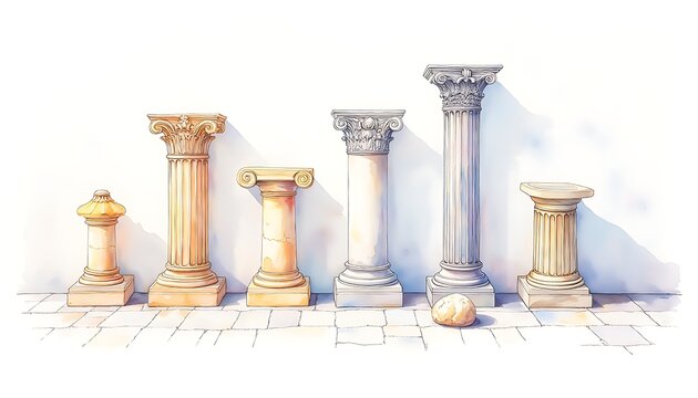 Row of classical architectural columns in doric ionic and corinthian styles on white background.