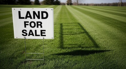 Obraz premium Land for sale sign standing in a vacant green grassy field.