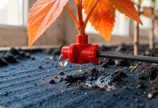 Orange plant leaves and a red drip irrigation emitter releasing water droplets onto dark moist soil for sustainable farming, precision agriculture and indoor gardening