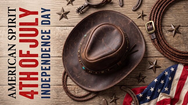 American spirit 4th of july independence day celebration with cowboy hat and flag