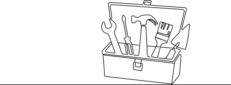 Continuous line drawing Toolbox, tool box, vector tools, 3D tools, equipment icons