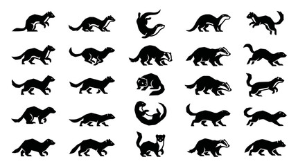 Obraz premium Dynamic collection of various mustelid animal silhouettes, featuring ferrets, badgers, weasels, otters, and minks in different action poses for design elements, 
