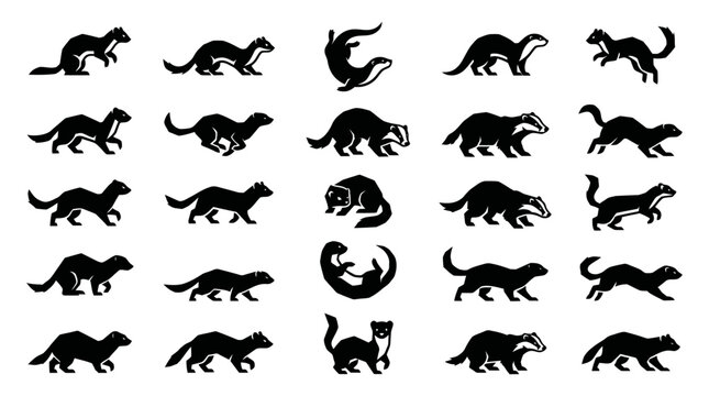Dynamic collection of various mustelid animal silhouettes, featuring ferrets, badgers, weasels, otters, and minks in different action poses for design elements, 