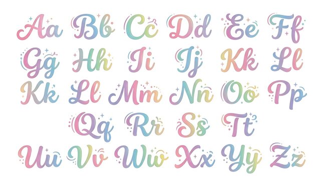 Pastel gradient alphabet letters from a to z in a cursive script font decorated with small stars on a white background