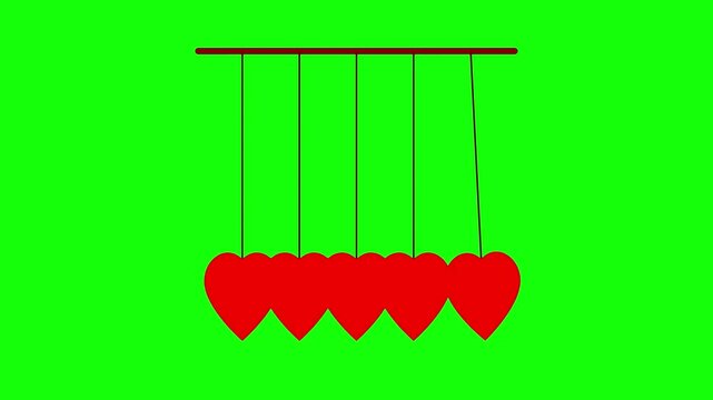 3D render of swinging romantic pendulum with hanging symbols on green screen background creating playful chroma key animation for video overlays