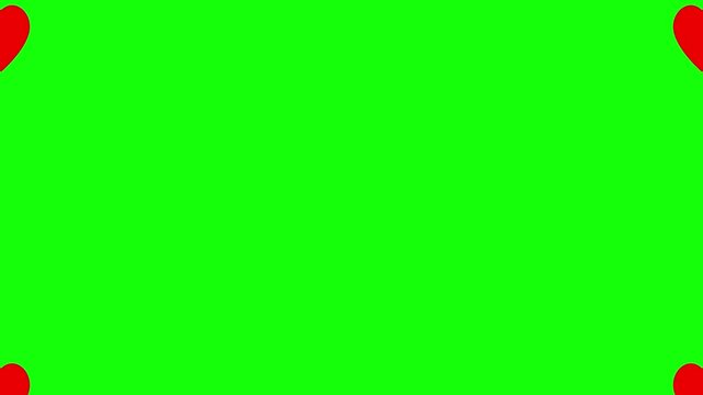 3D render of floating red romantic symbols on green screen background creating chroma key animation designed for love themed visuals and video overlays