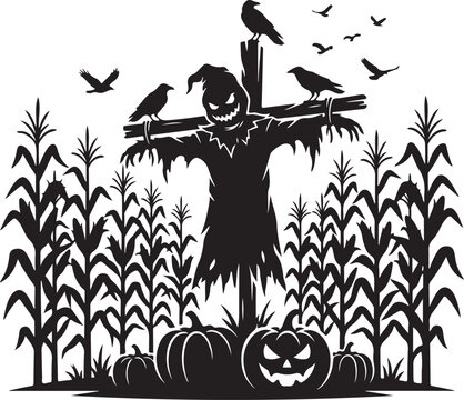 Halloween scarecrow, black silhouette, vector illustration, spooky cornfield scene