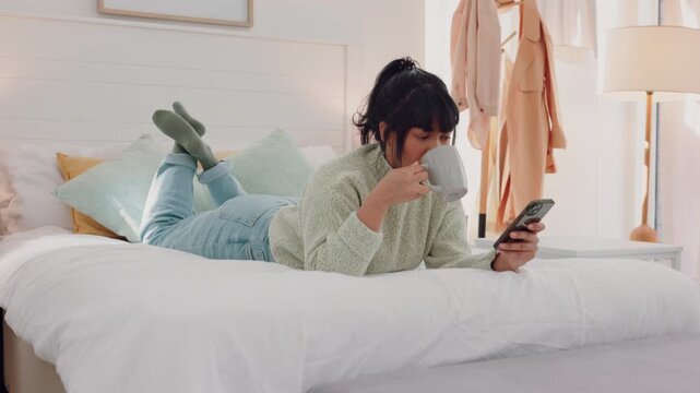Woman, coffee or phone in relax bedroom with technology for social media, dating website search or internet game. Smile, happy or gaming person with tea, esports mobile play app or reading comic news