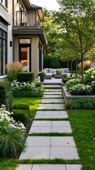 Obraz premium Stunning Modern Garden Pathway with Comfortable Outdoor Seating and Lush Greenery