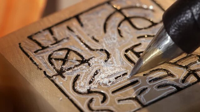 Artisan craftsman using a gouge to carve traditional chinese stone emblem stamp seal. Skilled craft worker hand-carving details at workshop and tool display