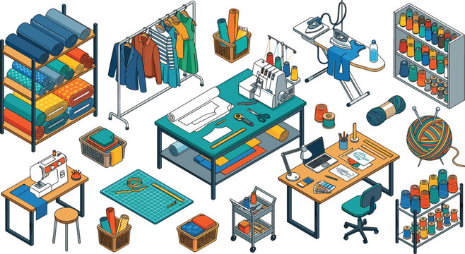 Modern isometric tailoring sewing workshop and fashion design studio vector illustration featuring fabric rolls sewing machine iron clothes rack patterns and thread shelves.
