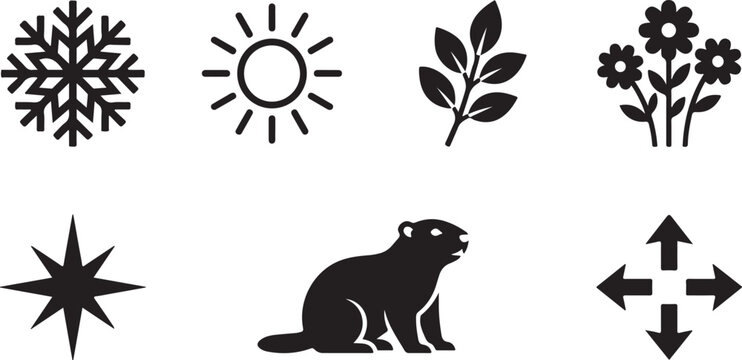 Minimalist vector graphic illustration collection featuring a black groundhog silhouette surrounded by seasonal nature icons including a sun snowflake leaves and flowers on white background