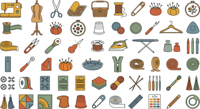 Tailoring sewing and handicraft colorful retro doodle vector icon set featuring sewing machine mannequin scissors thread buttons measuring tape iron and knitting needles.