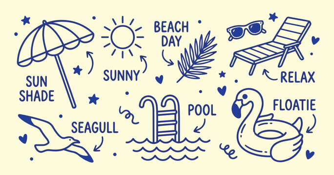 Summer beach vector element set. Hand-drawn blue line art stickers with sun umbrella, flamingo floatie, pool ladder, lounge chair, and seagull on cream.