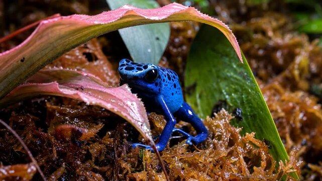 Blue poison dart frog resting under pink leaf in tropical rainforest
