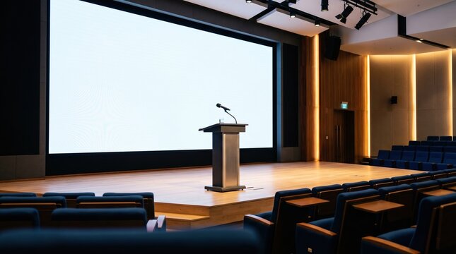 Modern conference room setup with wooden podium blank screen and organized seating for professional presentations and corporate events