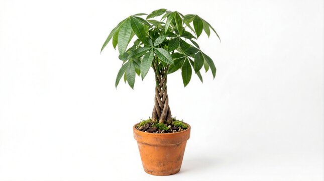 Pachira Aquatica money tree with lush green leaves in a rustic clay pot isolated on white background.