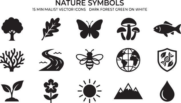 Minimalist set of fifteen black nature symbols featuring trees leaves butterfly insects animals and earth elements designed as a clean vector graphic for modern design projects