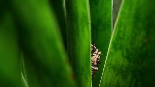 The sharp shallow depth of field isolates the spider's expressive face, turning a brief behavioral moment into a professional stock asset.