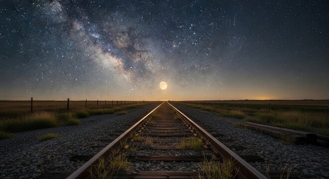 Railway tracks leading to the moon and Milky Way galaxy under a starry night sky.
