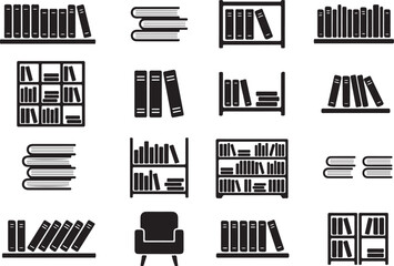 Minimalist black and white vector graphic illustration featuring a collection of various library bookshelves and stacked books for modern educational design and scholarly interior decor concepts © Shehzad 