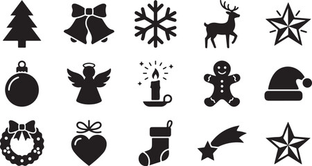 A collection of black vector graphic icons depicting traditional holiday symbols including christmas trees reindeer snowflakes bells ornaments candles stars and gifts on white background surface © Shehzad 