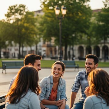 Group of Friends Gathered on Bench in Sunny Urban Park