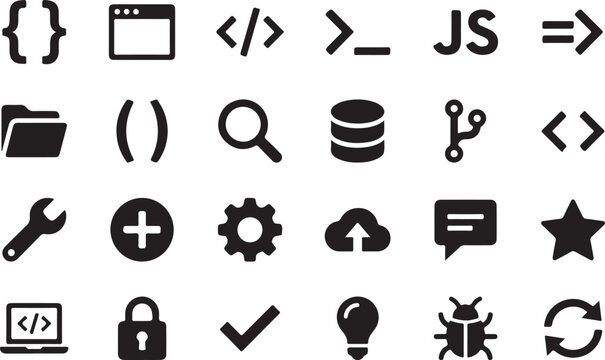 A comprehensive collection of black vector programming and software development icons featuring various syntax symbols and technical interface elements for modern web design and mobile applications