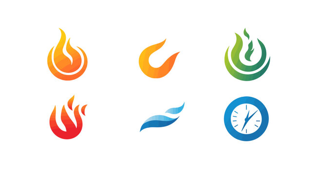 Collection of abstract colorful logos, designs. Includes flame, wave, and clock motifs on a white background