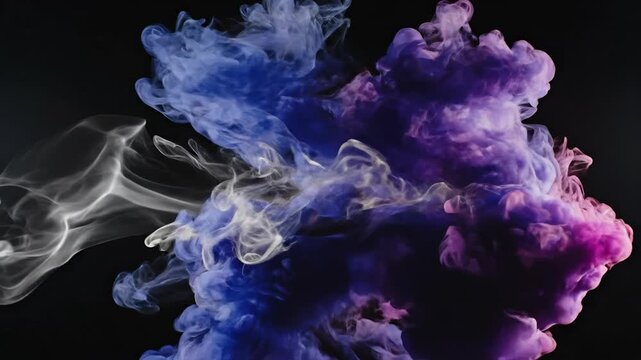 Foto Abstrak Asap Ungu dengan Cotton Bud. Gambar bergaya low light menampilkan cotton bud berwarna biru di sisi kiri yang mengarah ke gumpalan asap atau tinta ungu-magenta di latar hitam, menciptakan 