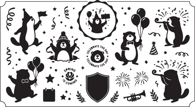 A collection of cute groundhog vector illustrations featuring various festive party elements like balloons streamers hats and fireworks for a fun spring holiday celebration design project