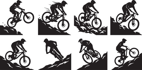 Mountain biker riding extreme downhill trail on black silhouette vector © lucky