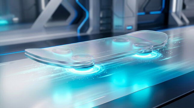 Futuristic transparent hologram of a hyperloop pod speeding along a high tech track. This digital twin concept symbolizes advanced railway transportation and ultra fast smart city mobility.