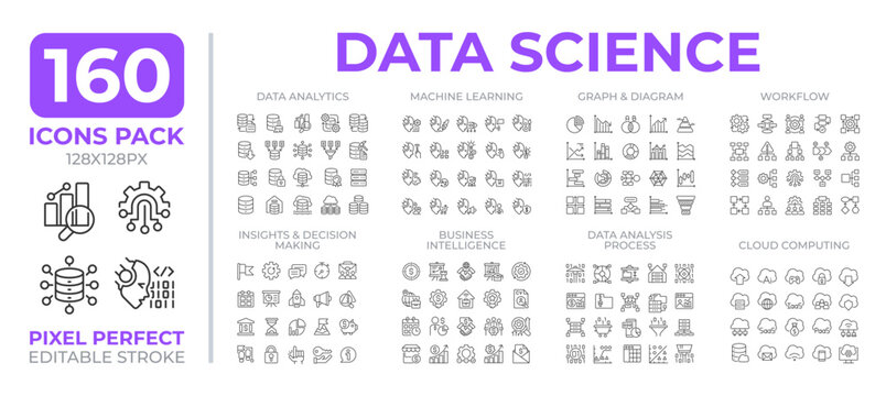 Data science line icons set collection. Extracts actionable knowledge from raw large datasets mega pack of linear pictograms, pixel perfect. Isolated vector illustrations. Editable stroke
