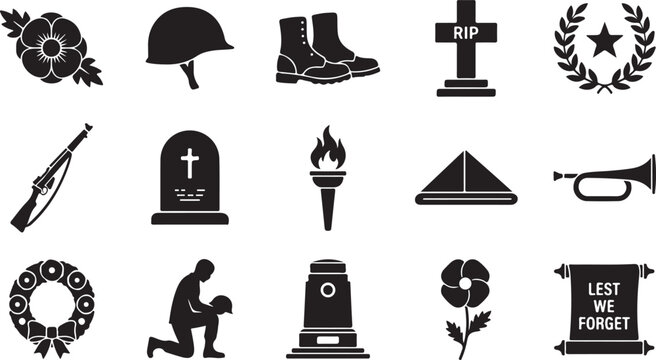 Detailed set of black vector graphic icons representing military remembrance day themes including poppy flowers helmets grave markers wreaths and soldiers in a flat style
