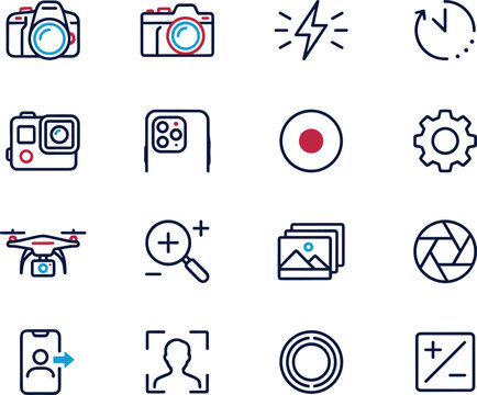 Modern photography and multimedia production line vector icon set featuring dslr camera drone smartphone lens shutter flash face detection exposure meter and gallery.