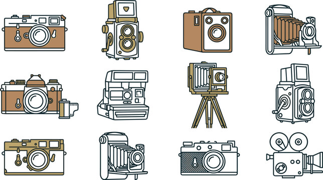 Vintage camera and retro photography equipment thin line vector icon set featuring twin lens reflex instant camera film roll field tripod and old movie projector.