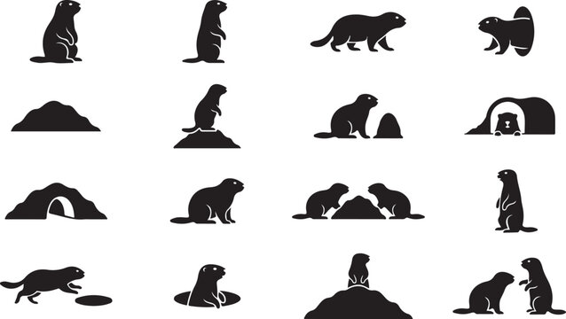 Set of black vector graphic silhouettes depicting various poses of groundhogs and their burrows in a flat minimalist style for modern icon design and creative projects