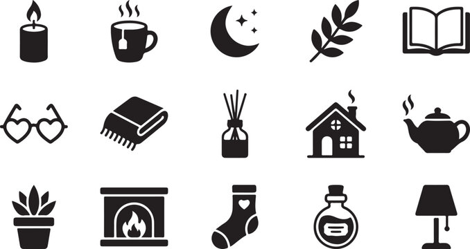 A flat vector graphic illustration set of cozy home life icons featuring candles tea books blankets and warm fireplace symbols isolated on a white background