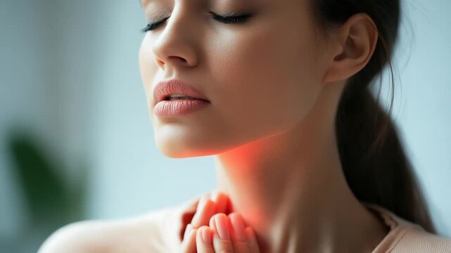 Woman suffering from sore throat touching neck in pain