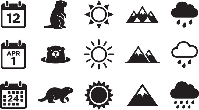 A collection of black vector graphic icons depicting various calendar dates groundhogs sun weather patterns and mountain ranges set on a clean plain white background surface