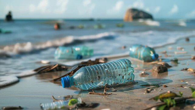 Plastic bottle trash polluting sandy ocean beach