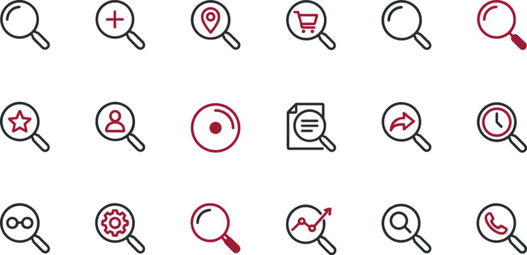 Search and magnifying glass line vector icon set featuring zoom plus location shopping cart star user document history settings trend chart and phone.