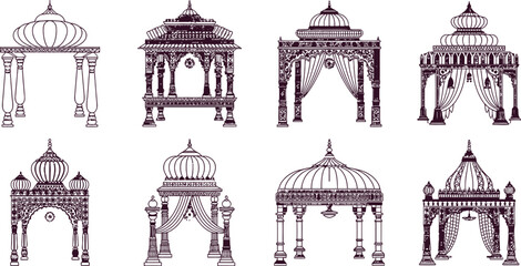 Indian temple, gazebo, and pavilion vector icons, purple illustrations, architectural elements, 8 designs © KABIR678