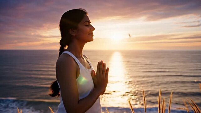 Woman practicing yoga tree pose on cliff overlooking ocean at sunset