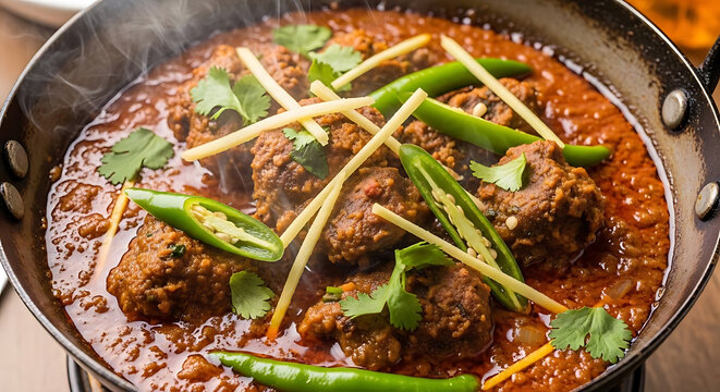 Meat curry served in a traditional metal pan is garnished with fresh ginger and green chili peppers.