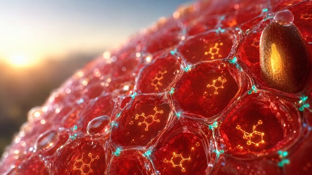 Strawberry Cellular Microstructure With Glowing Fisetin Molecules, Anthocyanin Rich Fruit Tissue and Seed Detail in Hyper Realistic Molecular Biology Visualization